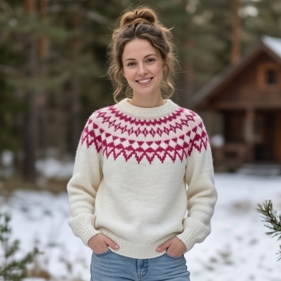 Handmade Sweaters - Handmade Women's Vintage White & Pink Fair Isle Crewnexk Sweater Size S/M